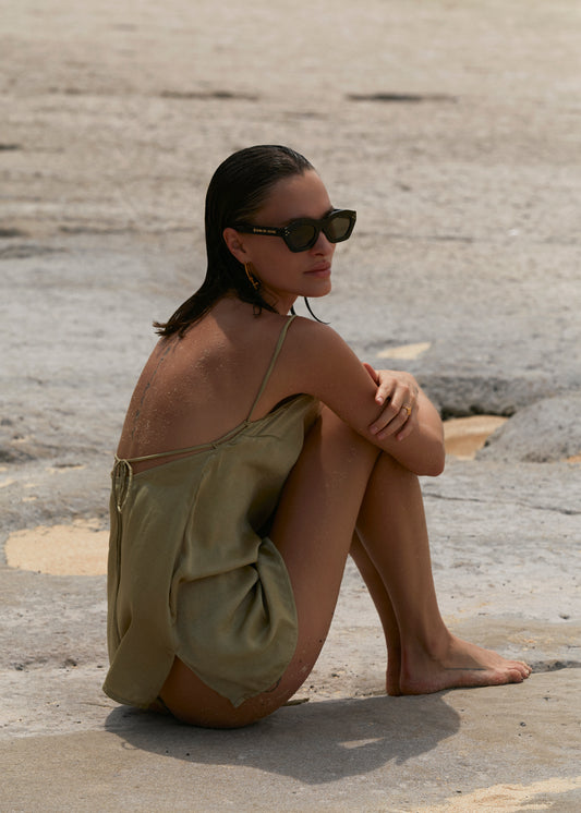 Silk short olive dress