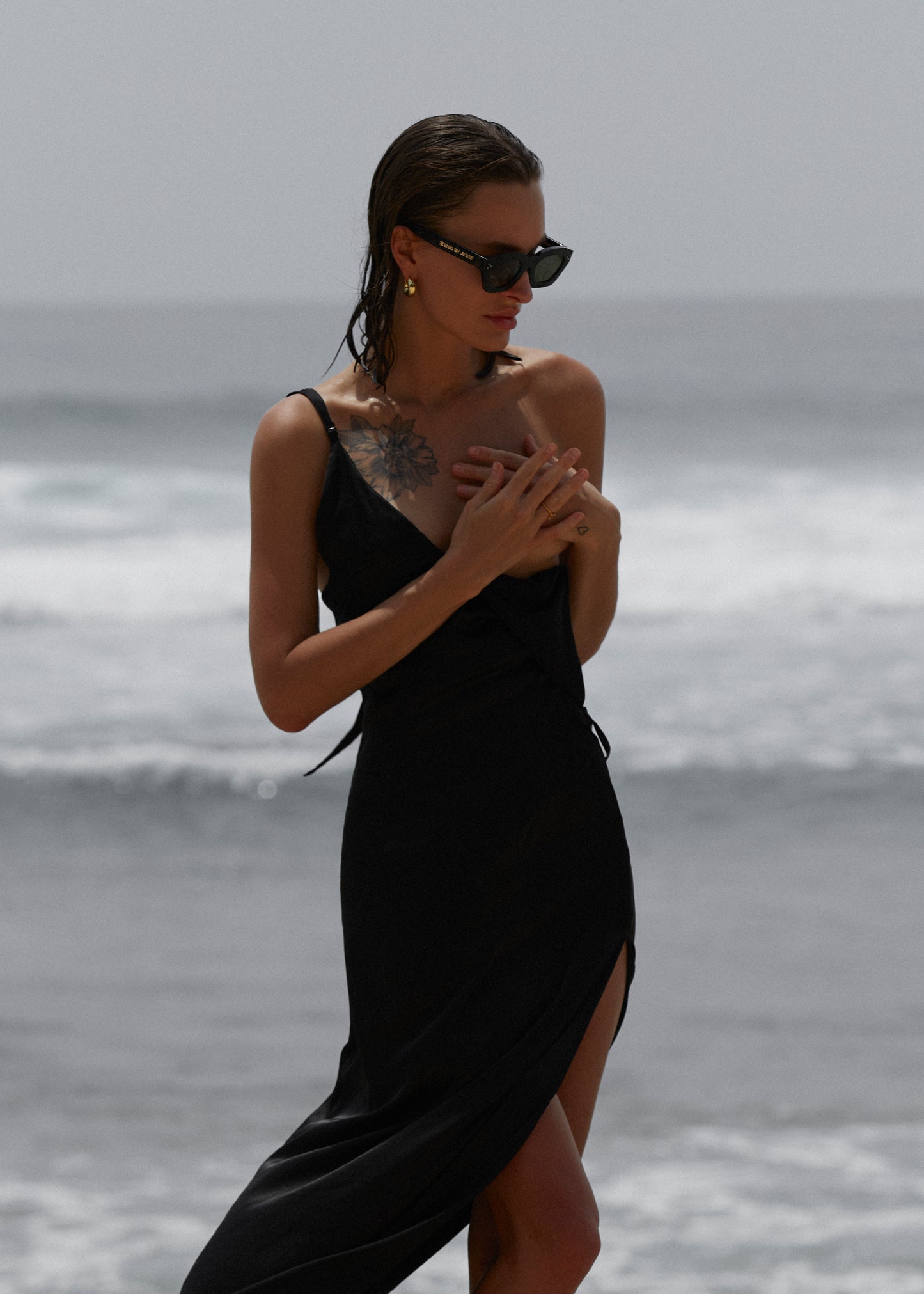 Silk slip dress in black