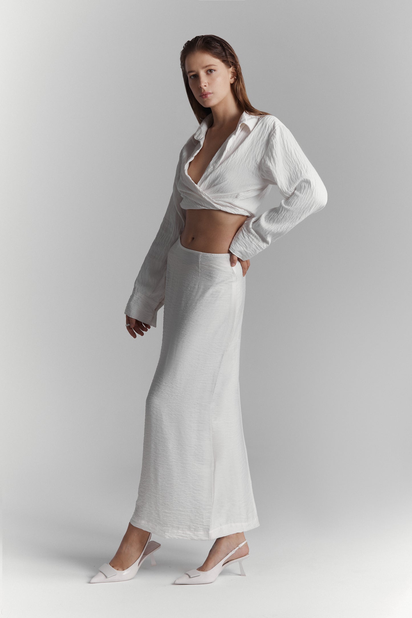 White linen suit ( shirt and  maxi skirt )