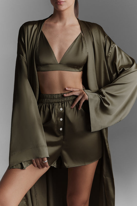 Long silk khaki kimono